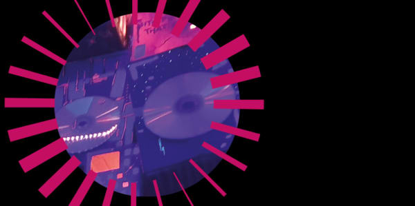 picture of circuit board and CDs inside a pink radial graphic on a black background