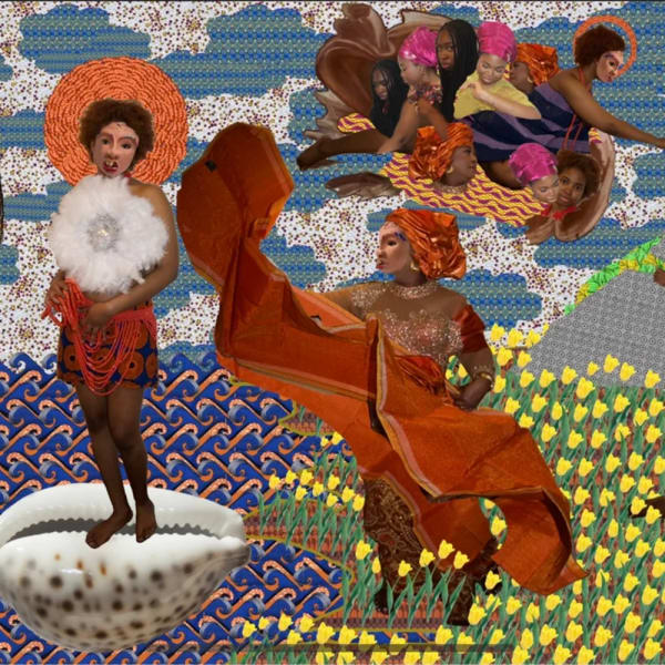 A collage of different figures standing in different places with different textured backgrounds.