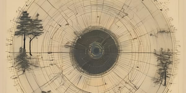 Circular rings of a tree trunk's cross-section, with some of the outer rings creating lines of music notation. There are small drawings of 5 trees in the composition.