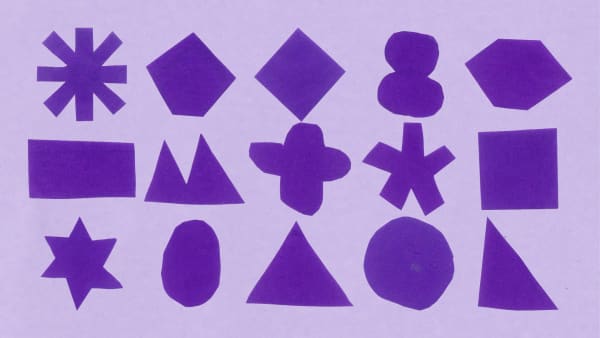A visual representing UAL Disability history month. Purple shapes including stars, triangles, circles, and rectangles on a light purple background.