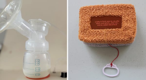 A composite image of a baby's bottle of milk with what appears to be a breast pump attached; side by side with a baby's toy or rattle, which is block shaped with a tan brown boucle outer layer, a pull string attached, and wording printed in the centre with the text 'a baby's first poo is usually black and sticky, like tar, and is called meconium'.