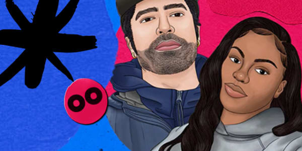 Drawn illustrations of Omar, an Insights tutor and Lorraine, a student ambassador. These are cut out and set against a blue and pink background. 