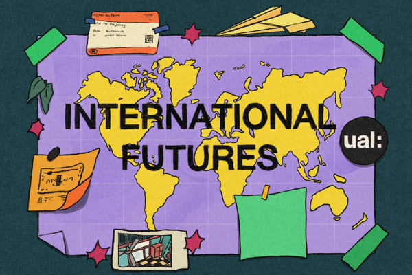 A map of the world in yellow on a purple background has the words 