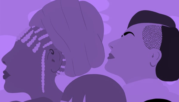illustration women faces with a purple filter and white glitches