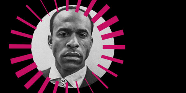 picture of Frantz Fanon inside a pink graphic radial circle on a black background