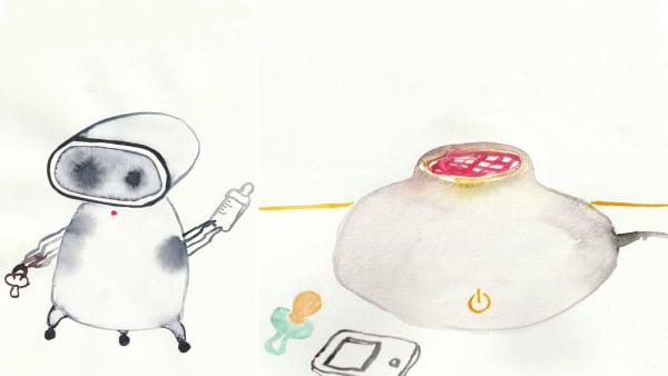 A speaker artefact next to a smartphone and pacifier