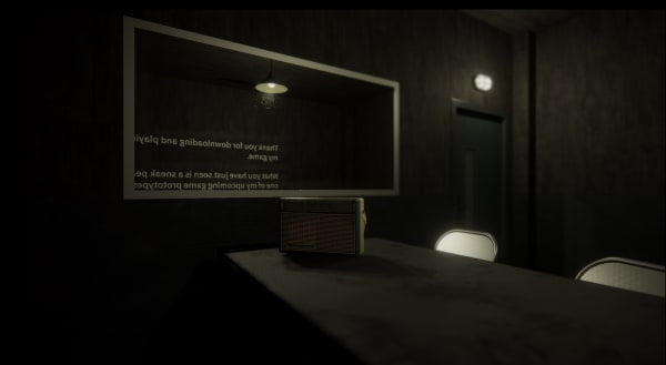 Shot from a game showing the inside of a dark room and a two-way mirror.