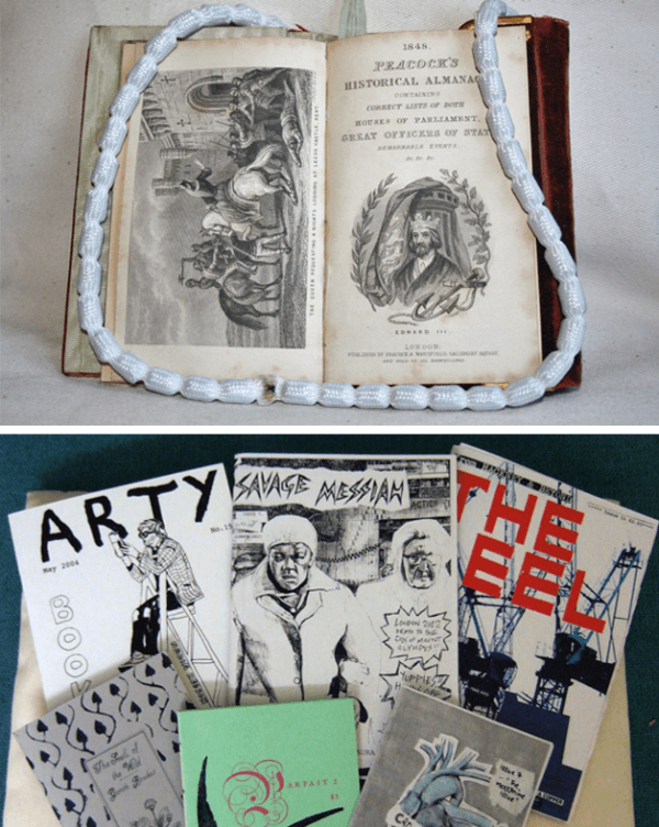 2 images featuring books and zines from different eras. 