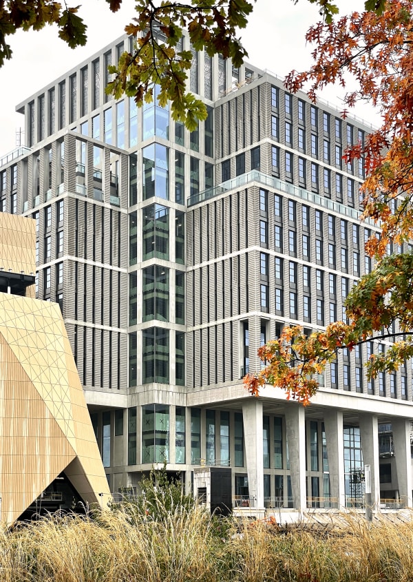 Front view of LCF's new building on East Bank, Queen Elizabeth Olympic Park, October 2022. Photography by Allies and Morrison.