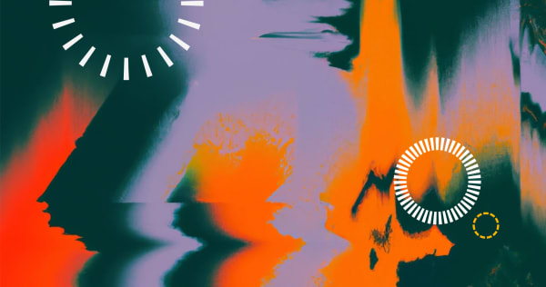 Teal and orange abstract glitch with 3 graphic radials scattered across the image