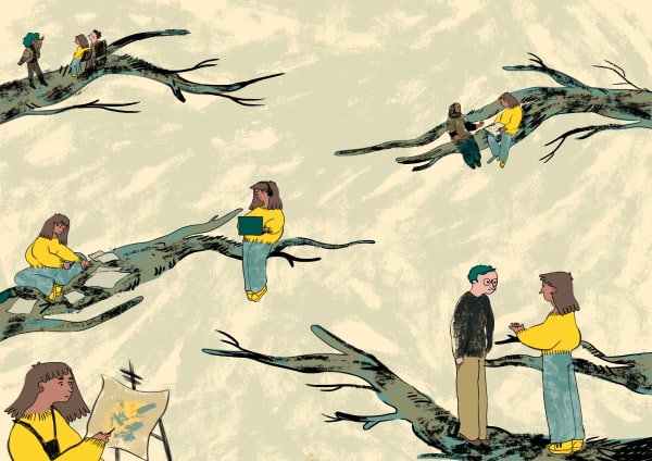 Illustrated scene showing people engaging in creative activities while sitting or standing on large tree branches. Individuals are reading, painting, collaborating, and using laptops, symbolising various aspects of creative work and learning. The background is a soft beige with textured strokes, and the characters wear casual clothing in tones of yellow, blue, and green.