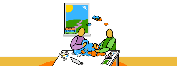 Graphic of 2 people creating art at a desk