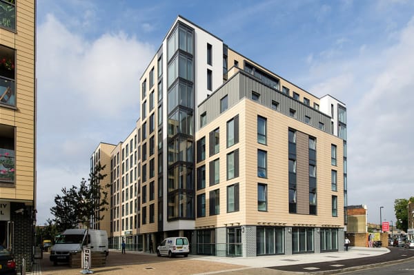 Exterior of Glassyard Building, showing 8 story modern building