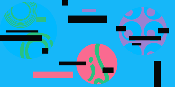 Multicoloured circular graphics on a bright blue background. 