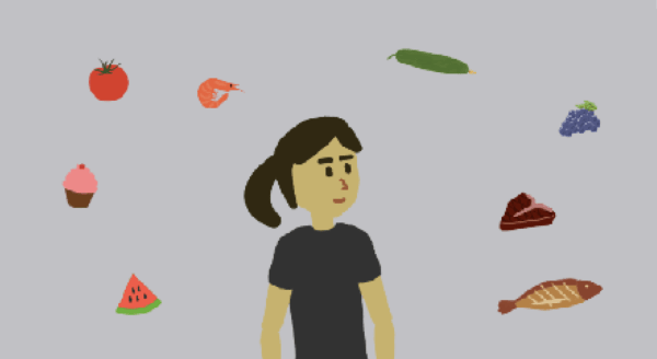 Still from a game showing a woman deciding what food to eat.