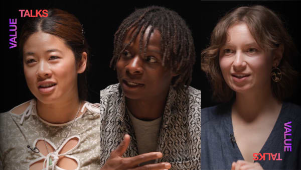 Still from Value Talks podcast episode 5 with a photo of 3 speakers together talking.