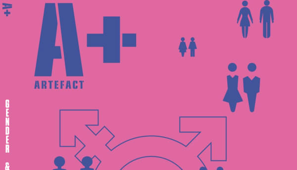 Cropped image from the front cover to Artefact Magazine. Pink background with images of men and women.