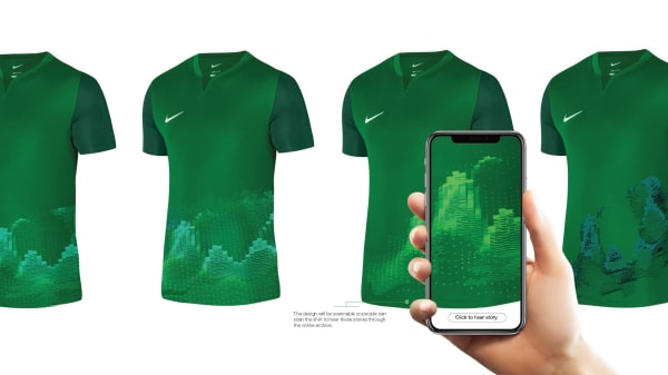 Designs for a green football shirt with an abstract pattern and a hand holding a phone in front of them.