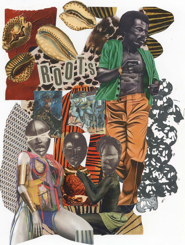 Collage using colourful magazine clippings on white background