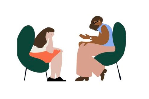 Two female presening illustrations of people sit opposite each other. The figure on the left holds their head in their hands, on the right the figure is talking with hands open wide. 