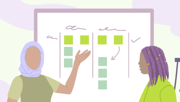 illustration of 2 women doing a presentation using a board and post-it notes