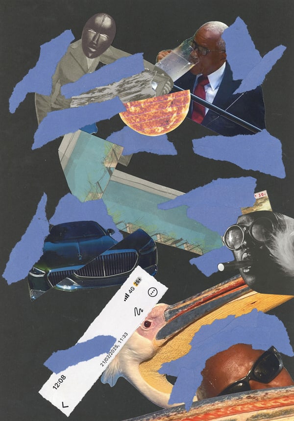 Collage using colourful magazine and newspaper clippings, with ripped blue paper on black background