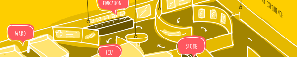Illustration of a yellow room with pink speech bubbles