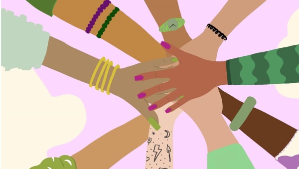 illustration of 9 women's hands joining in the centre of the image