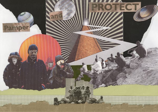 Mixed media collage with newspaper and magazine clippings, cardboard and artist tape