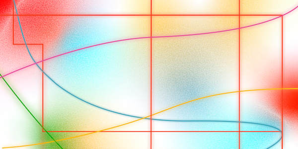 Promotional graphic for “Crossroads” featuring large red outlined lettering over abstract intersecting curves, rectangular frames and soft grainy gradients in red, blue, green and yellow.