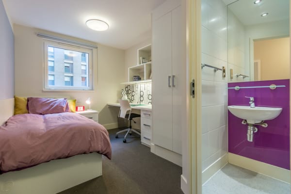Standard ensuite room, showing bathroom with large mirror, sink, toilet and shower