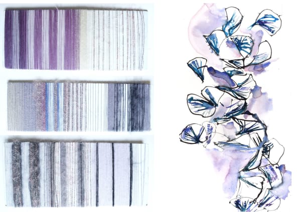 books on a shelf in light to darker  purple watercolours on the right had side is a purple watercolour  flowering plant