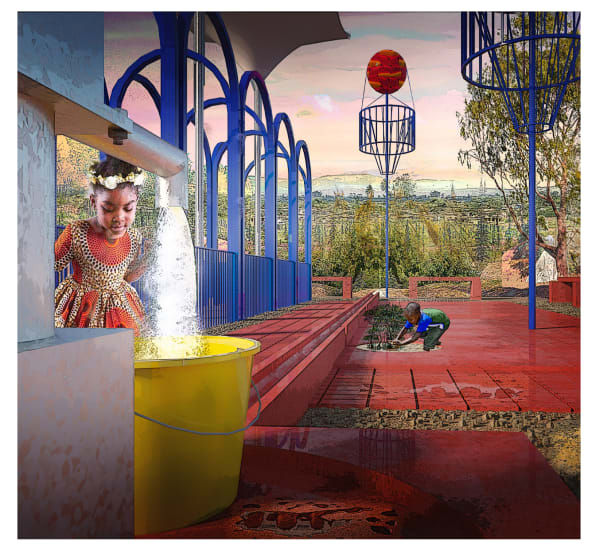 Illustration of girl at water well with blue and red open structure
