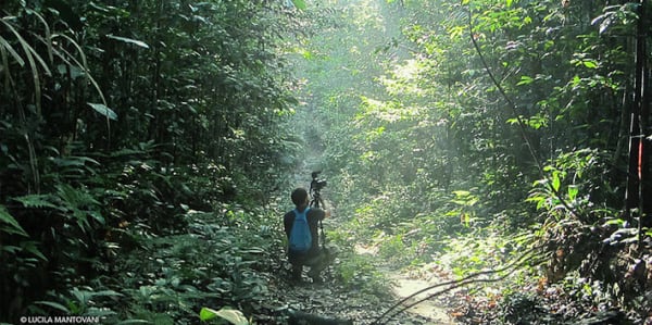 Photograph of a man crouching in the Amazon Rainforest holding a camera tripod