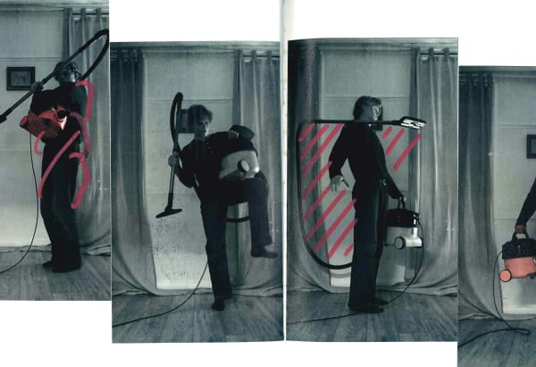 Series of photographs of man wrapped in hoover