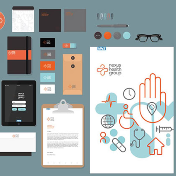 Illustration outcome design by students featuring clipboard, tablets, notebooks and other branded office material.