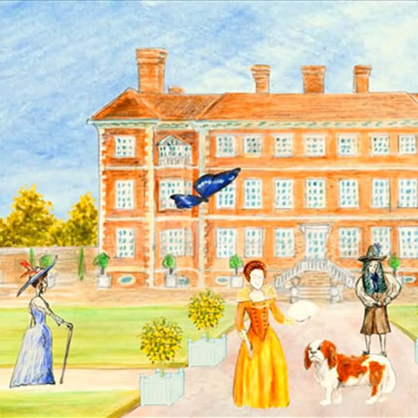 Pencil drawing of an English country house. Different characters are in the foreground while a butterfly floats across the scene.