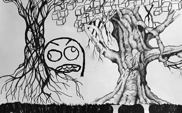 Black and white sketch of trees and a cartoon face