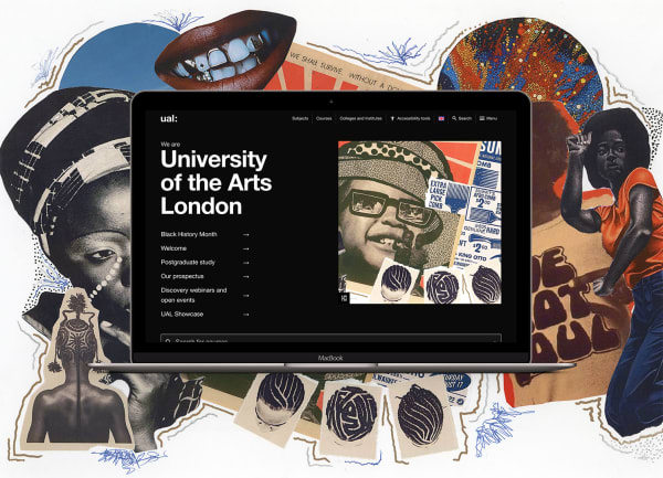 Laptop mockup showing UAL homepage featuring Black History Month collage image, with full collage in the background