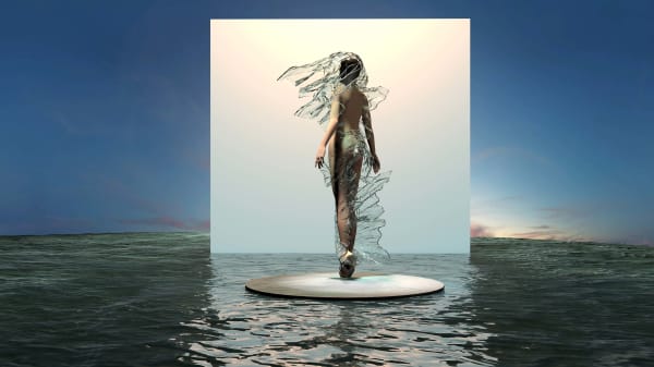 CAD image of body with blue liquid-like overlay