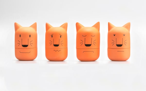 4 orange animal shaped ceramic pots painted with different facial expressions