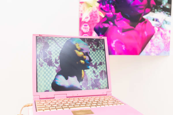 A photo of pink laptop with A digital portrait  of a person and collage  