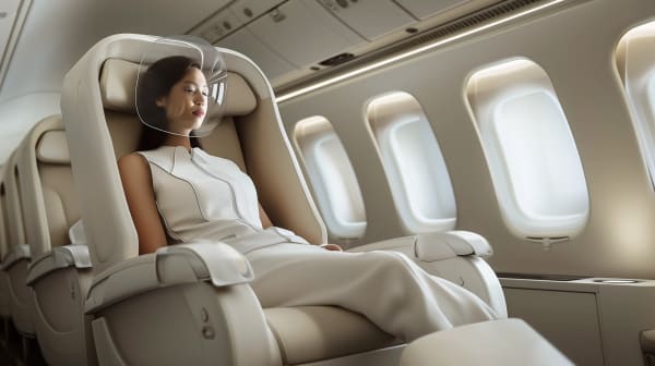 A person sat on an upholstered bench holding an orange pole