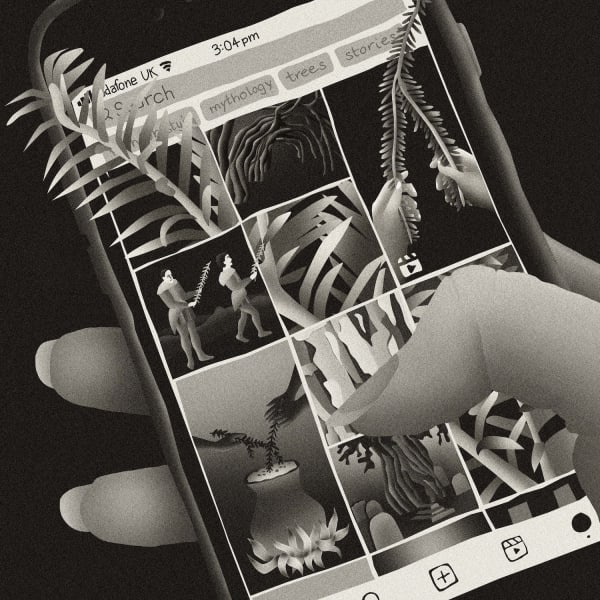 An illustration of a hand holdign a smartphone 