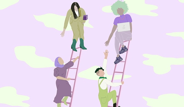 Illustration of women helping each other up a ladder