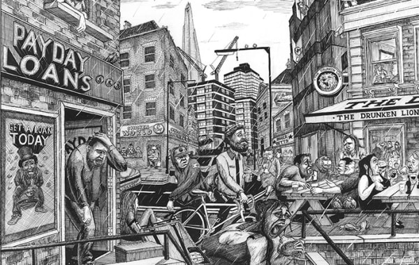 Detailed illustration with shows people walking around and standing on a typical high street in the UK