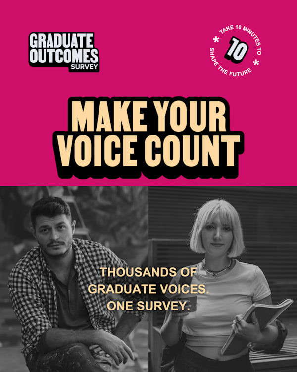 Promotional poster for the Graduate Outcomes Survey. The top half has a bright fuchsia background with bold beige and black text reading “MAKE YOUR VOICE COUNT.” The logos for “Graduate Outcomes Survey” and “Take 10 minutes to shape the future” are included. The bottom half features black-and-white photos of two graduates — one sitting casually in work clothes, the other holding a tablet and coffee cup. Text overlay says: “Thousands of graduate voices. One survey.”