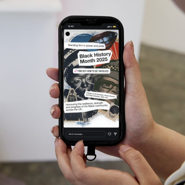 Hand holding iPhone displaying Instagram story featuring collage