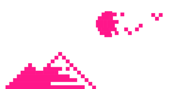 A pixelated pink mountain is on the left, with a pixelated dissolving sun in the sky on the right.