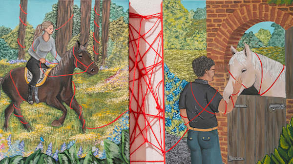 two paintings of horses and riders connected together with lots of red string